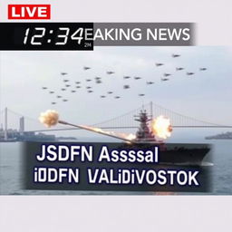 A visually gripping 'LIVE Breaking News' broadcast from the Westminster Times Channel, featuring a prominent inscription in white letters outlined with blue highlights stating: 'JSDFN Assault Vladivostok