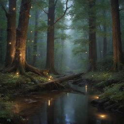 An enchanting moonlit forest, with a trickling crystal clear stream, towering ancient trees, and the soft glow of fireflies illuminating the peaceful night.