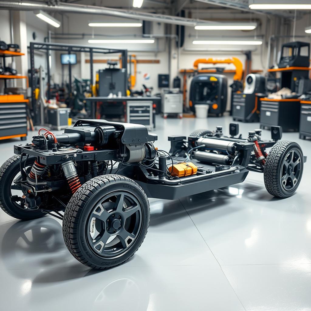 A detailed electric vehicle chassis displayed on a clean workshop floor, showcasing its intricate design and components