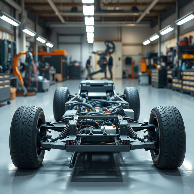 A detailed electric vehicle chassis displayed on a clean workshop floor, showcasing its intricate design and components