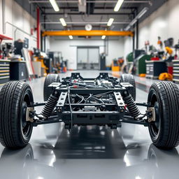 A detailed electric vehicle chassis displayed on a clean workshop floor, showcasing its intricate design and components