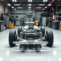 A detailed electric vehicle chassis displayed on a clean workshop floor, showcasing its intricate design and components