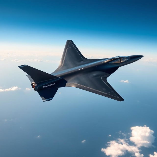 A sleek and powerful fighter jet soaring through a clear blue sky, prominently displaying the name 'Brend Motors' on its fuselage