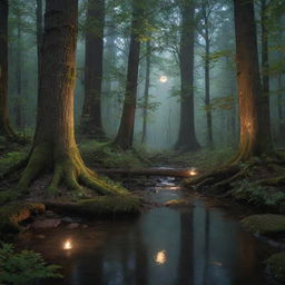 An enchanting moonlit forest, with a trickling crystal clear stream, towering ancient trees, and the soft glow of fireflies illuminating the peaceful night.