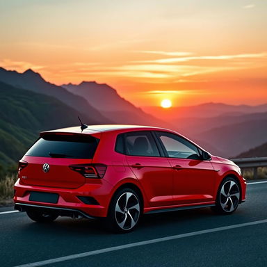 A sleek and sporty Volkswagen Polo GTI parked on a scenic mountain road during sunset