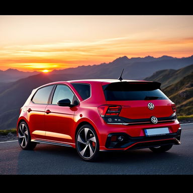 A sleek and sporty Volkswagen Polo GTI parked on a scenic mountain road during sunset