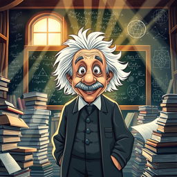 A dramatic and inspirational illustration of Albert Einstein standing in a library surrounded by stacks of books and scientific papers