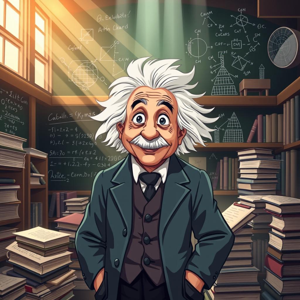 A dramatic and inspirational illustration of Albert Einstein standing in a library surrounded by stacks of books and scientific papers