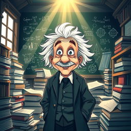 A dramatic and inspirational illustration of Albert Einstein standing in a library surrounded by stacks of books and scientific papers