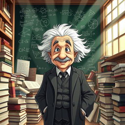 A dramatic and inspirational illustration of Albert Einstein standing in a library surrounded by stacks of books and scientific papers