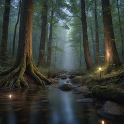 An enchanting moonlit forest, with a trickling crystal clear stream, towering ancient trees, and the soft glow of fireflies illuminating the peaceful night.