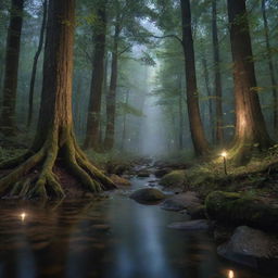 An enchanting moonlit forest, with a trickling crystal clear stream, towering ancient trees, and the soft glow of fireflies illuminating the peaceful night.