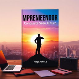 A vibrant and inspiring eBook cover design focused on entrepreneurship, featuring a silhouette of a confident entrepreneur standing atop a mountain, looking out over a sprawling cityscape at sunrise