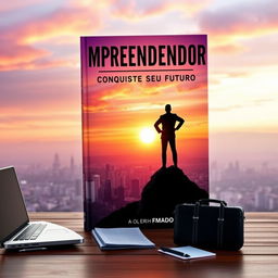 A vibrant and inspiring eBook cover design focused on entrepreneurship, featuring a silhouette of a confident entrepreneur standing atop a mountain, looking out over a sprawling cityscape at sunrise