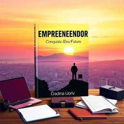 A vibrant and inspiring eBook cover design focused on entrepreneurship, featuring a silhouette of a confident entrepreneur standing atop a mountain, looking out over a sprawling cityscape at sunrise