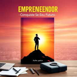 A vibrant and inspiring eBook cover design focused on entrepreneurship, featuring a silhouette of a confident entrepreneur standing atop a mountain, looking out over a sprawling cityscape at sunrise