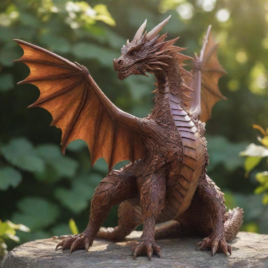 A majestic dragon, its body composed entirely of intricate patterns of mahogany and oak, with knotted wood muscles and limbs, and leafy wings shimmering in the sunlight.