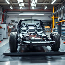 A detailed view of the chassis and platform of an electric car displayed in a modern automotive workshop