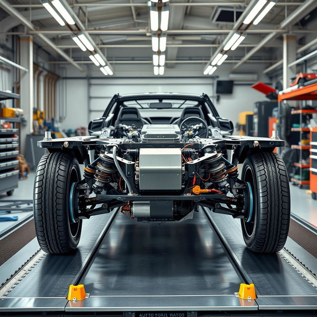 A detailed view of the chassis and platform of an electric car displayed in a modern automotive workshop