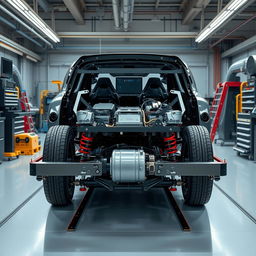 A detailed view of the chassis and platform of an electric car displayed in a modern automotive workshop