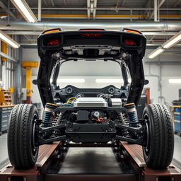 A detailed view of the chassis and platform of an electric car displayed in a modern automotive workshop