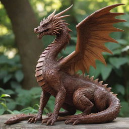 A majestic dragon, its body composed entirely of intricate patterns of mahogany and oak, with knotted wood muscles and limbs, and leafy wings shimmering in the sunlight.