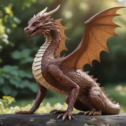 A majestic dragon, its body composed entirely of intricate patterns of mahogany and oak, with knotted wood muscles and limbs, and leafy wings shimmering in the sunlight.