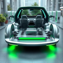 A sleek and modern platform design for an electric car, showcasing a battery pack and electric drivetrain layout