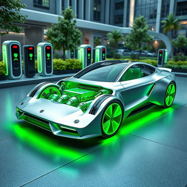 A sleek and modern platform design for an electric car, showcasing a battery pack and electric drivetrain layout