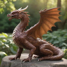 A majestic dragon, its body composed entirely of intricate patterns of mahogany and oak, with knotted wood muscles and limbs, and leafy wings shimmering in the sunlight.