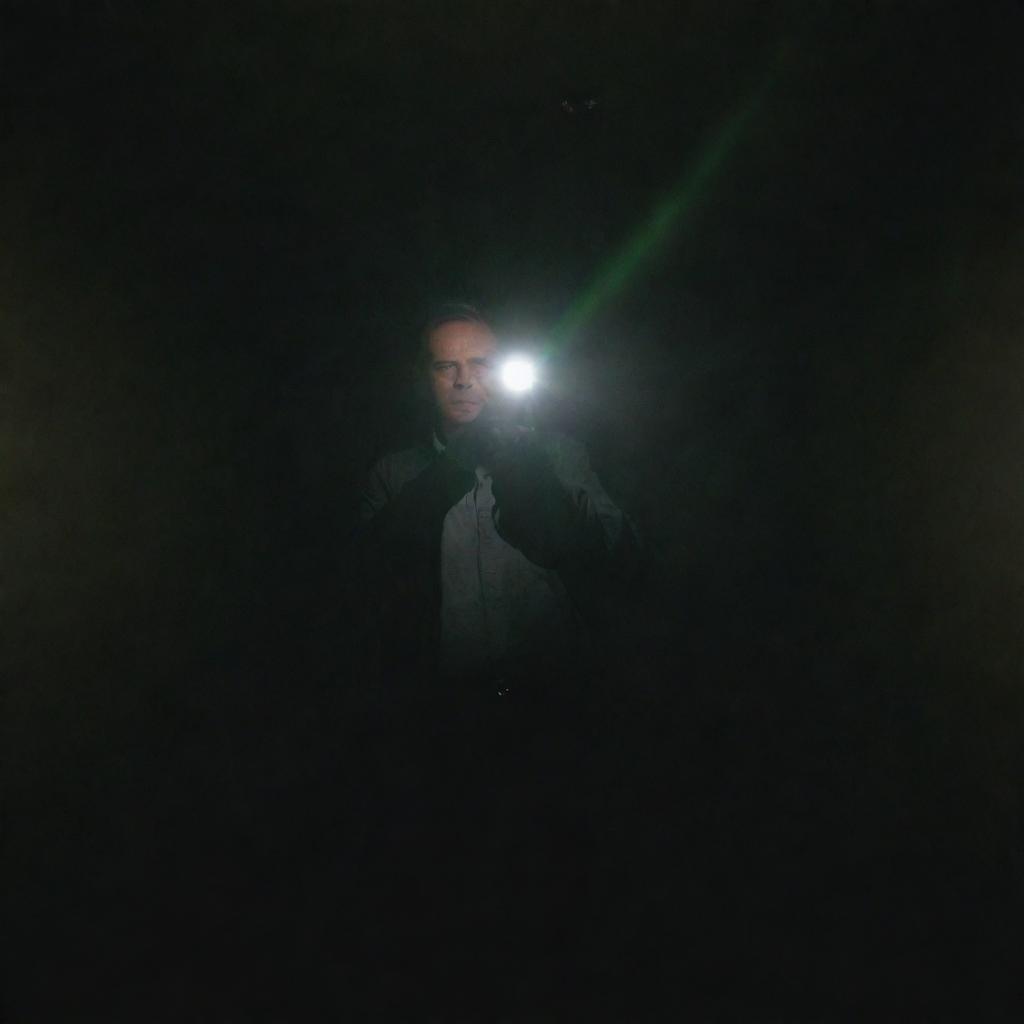 A man holding a flashlight in a dark room, with a laser beam.