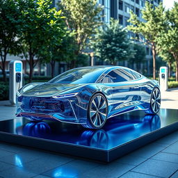 A stunning and futuristic platform design for a glass electric car, featuring a transparent chassis that showcases the intricate battery pack and electric drivetrain components within