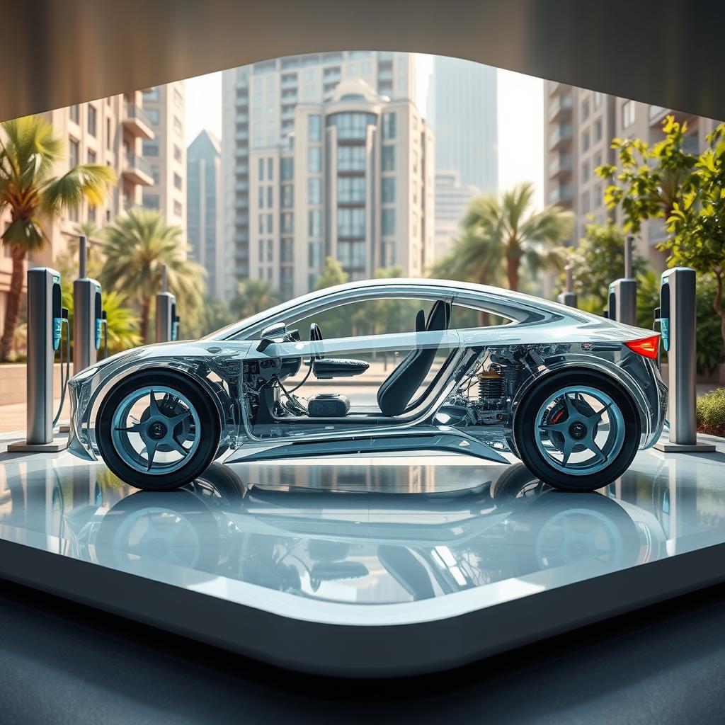 A stunning and futuristic platform design for a glass electric car, featuring a transparent chassis that showcases the intricate battery pack and electric drivetrain components within