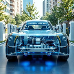 A stunning and futuristic platform design for a glass electric car, featuring a transparent chassis that showcases the intricate battery pack and electric drivetrain components within