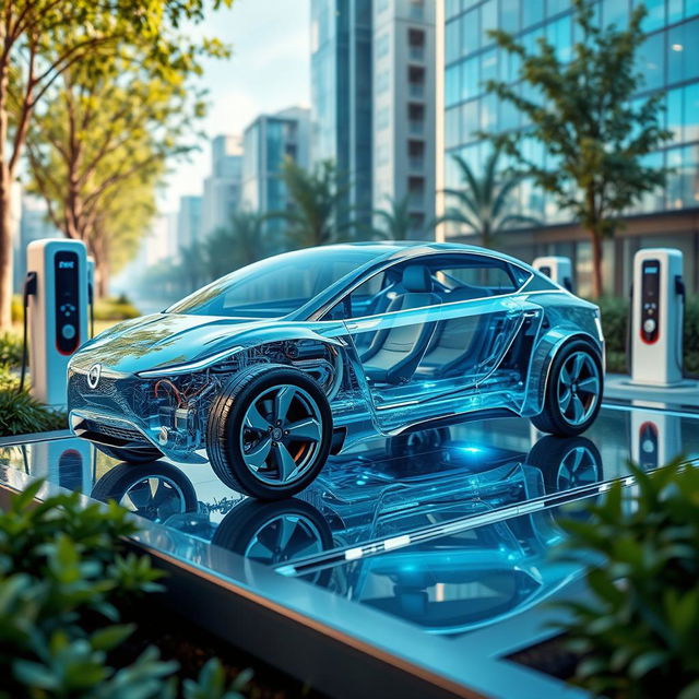 A stunning and futuristic platform design for a glass electric car, featuring a transparent chassis that showcases the intricate battery pack and electric drivetrain components within