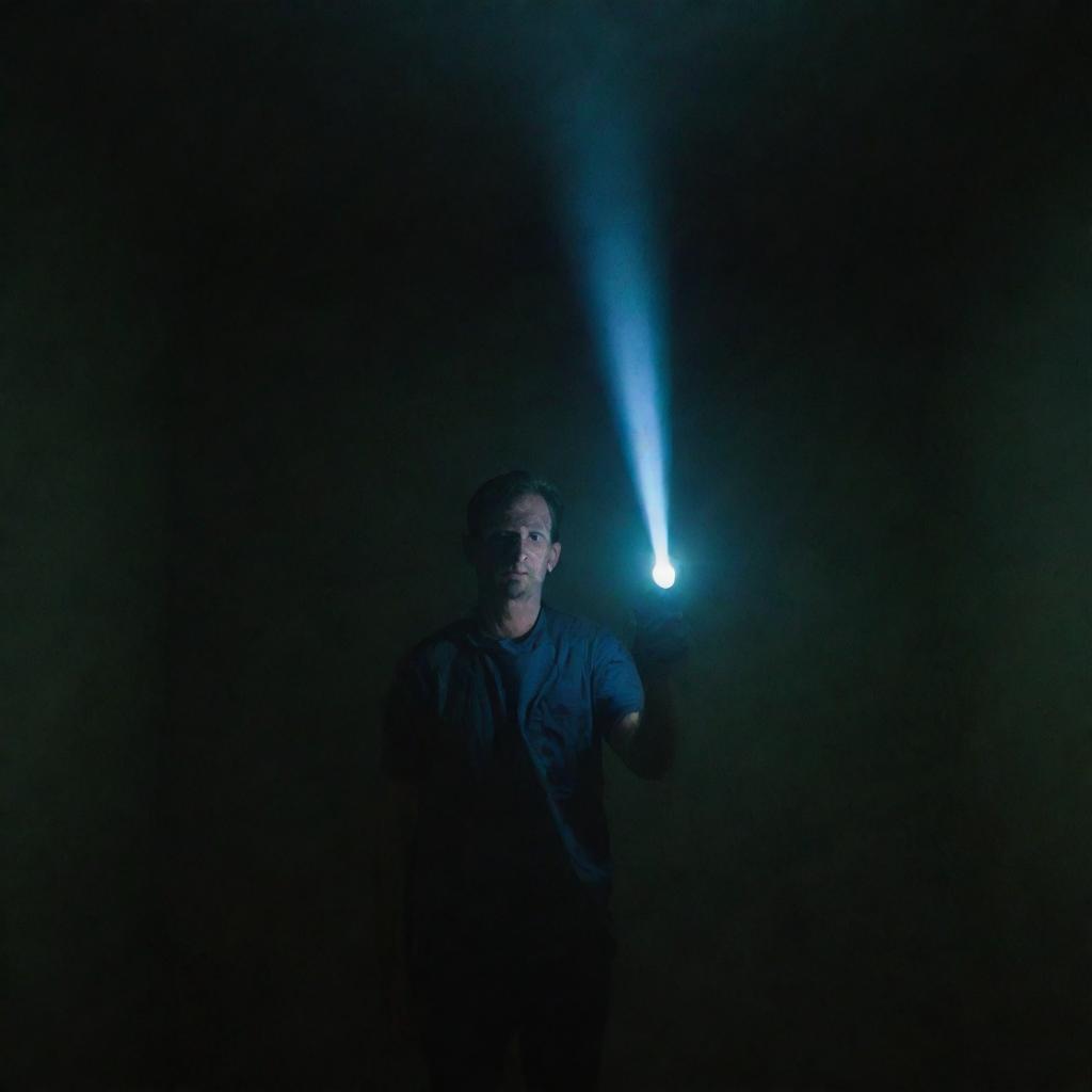 A man holding a flashlight in a dark room, with a laser beam.