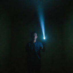 A man holding a flashlight in a dark room, with a laser beam.