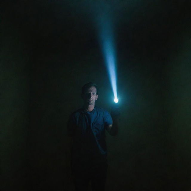 A man holding a flashlight in a dark room, with a laser beam.