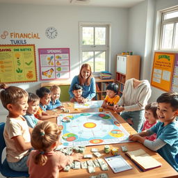 A colorful and engaging classroom scene illustrating young children participating in a financial education lesson