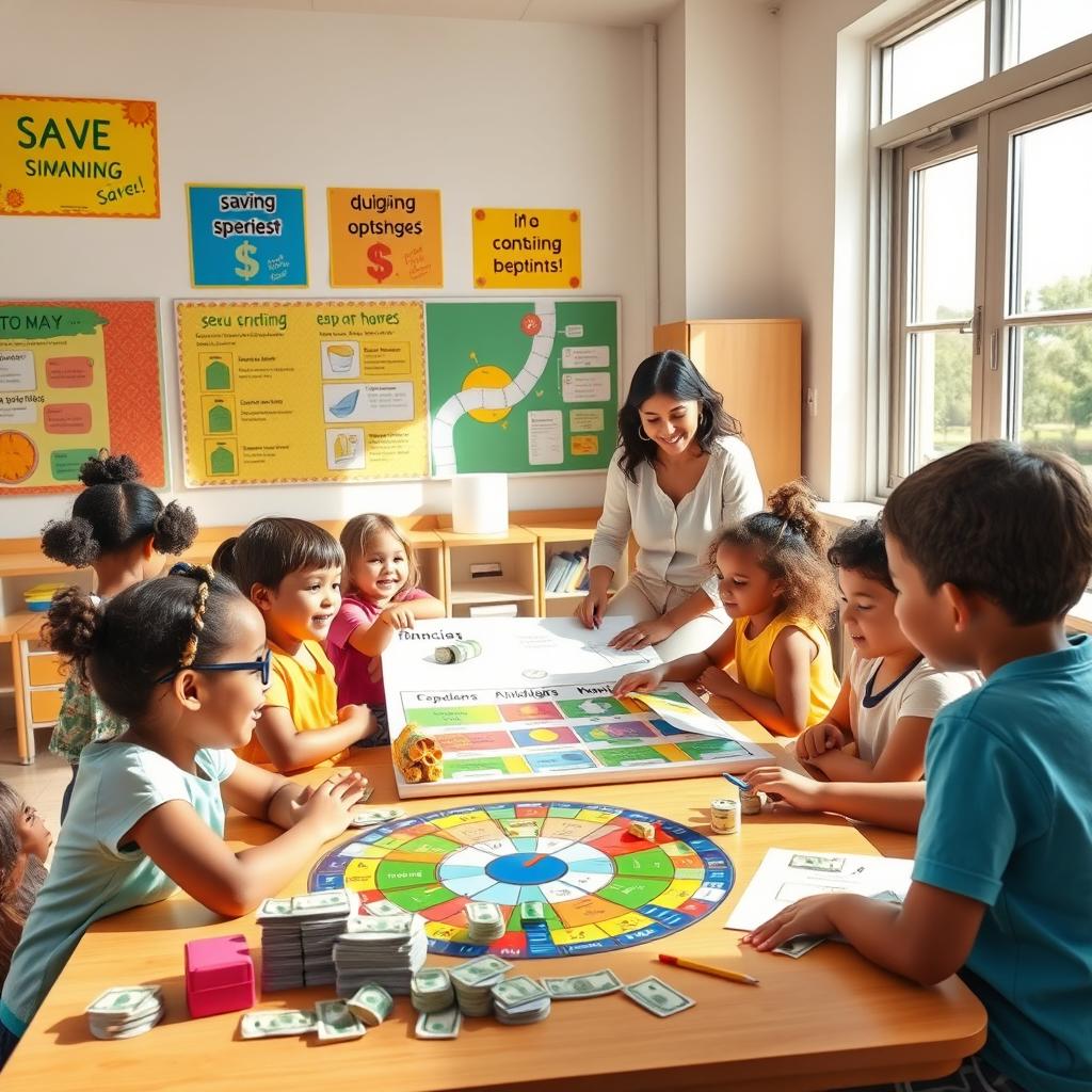 A colorful and engaging classroom scene illustrating young children participating in a financial education lesson