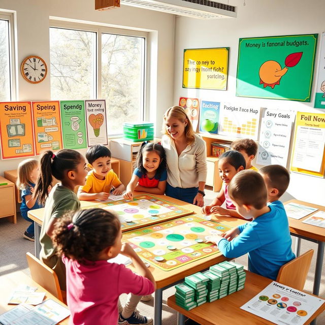 A colorful and engaging classroom scene illustrating young children participating in a financial education lesson