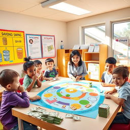 A colorful and engaging classroom scene illustrating young children participating in a financial education lesson