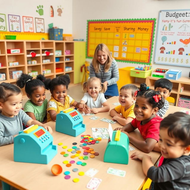 A vibrant classroom scene focused on financial literacy for young children in an elementary education setting