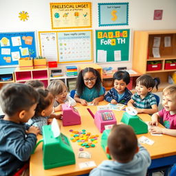 A vibrant classroom scene focused on financial literacy for young children in an elementary education setting