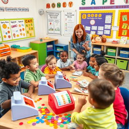 A vibrant classroom scene focused on financial literacy for young children in an elementary education setting