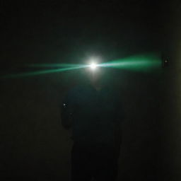 A man holding a flashlight in a dark room, with a laser beam.