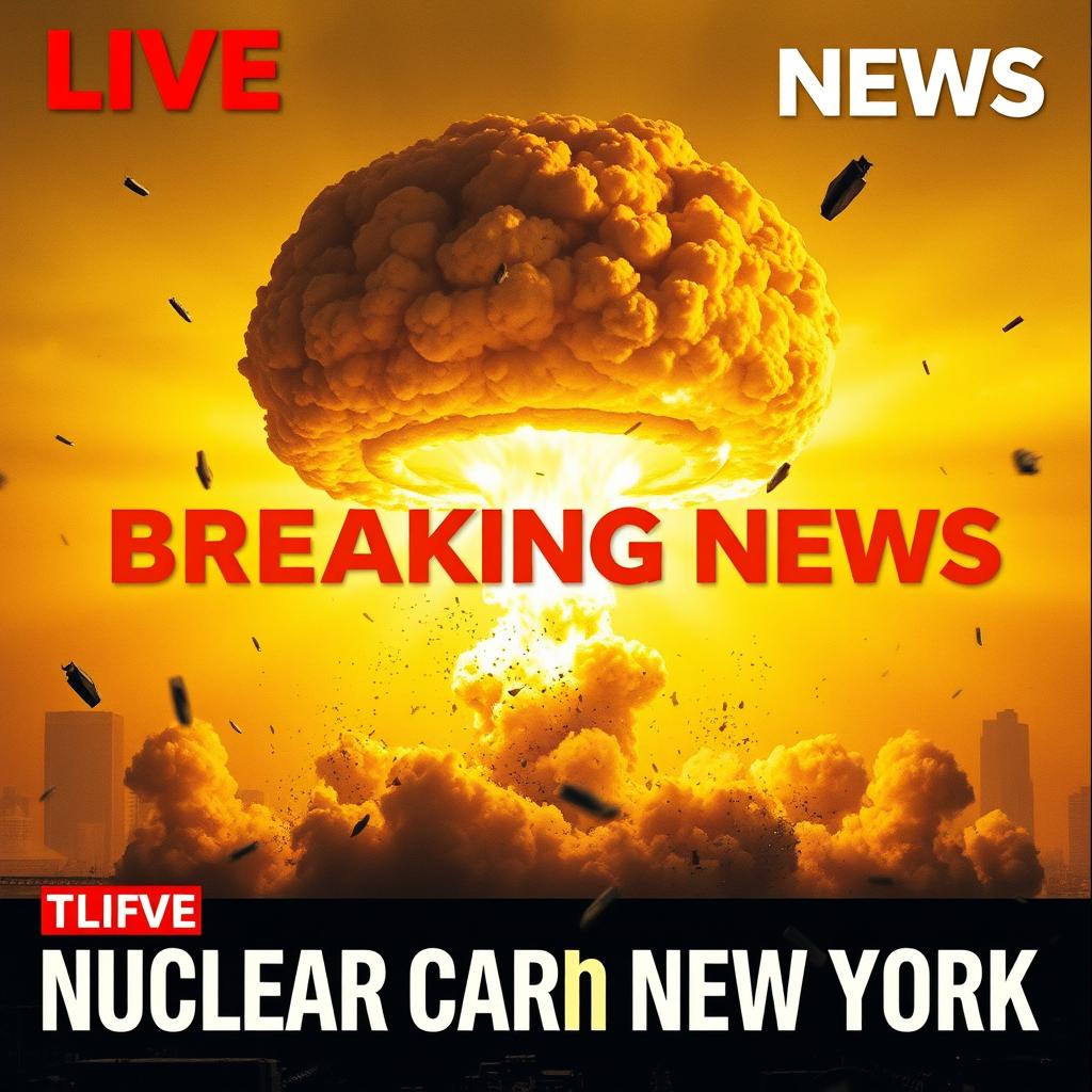 A gripping 'LIVE Breaking News' scene with a bold inscription that reads: 'Nuclear Charge on New York