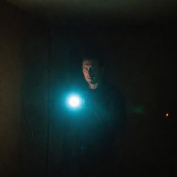 A man holding a flashlight in a dark room, with a laser beam.