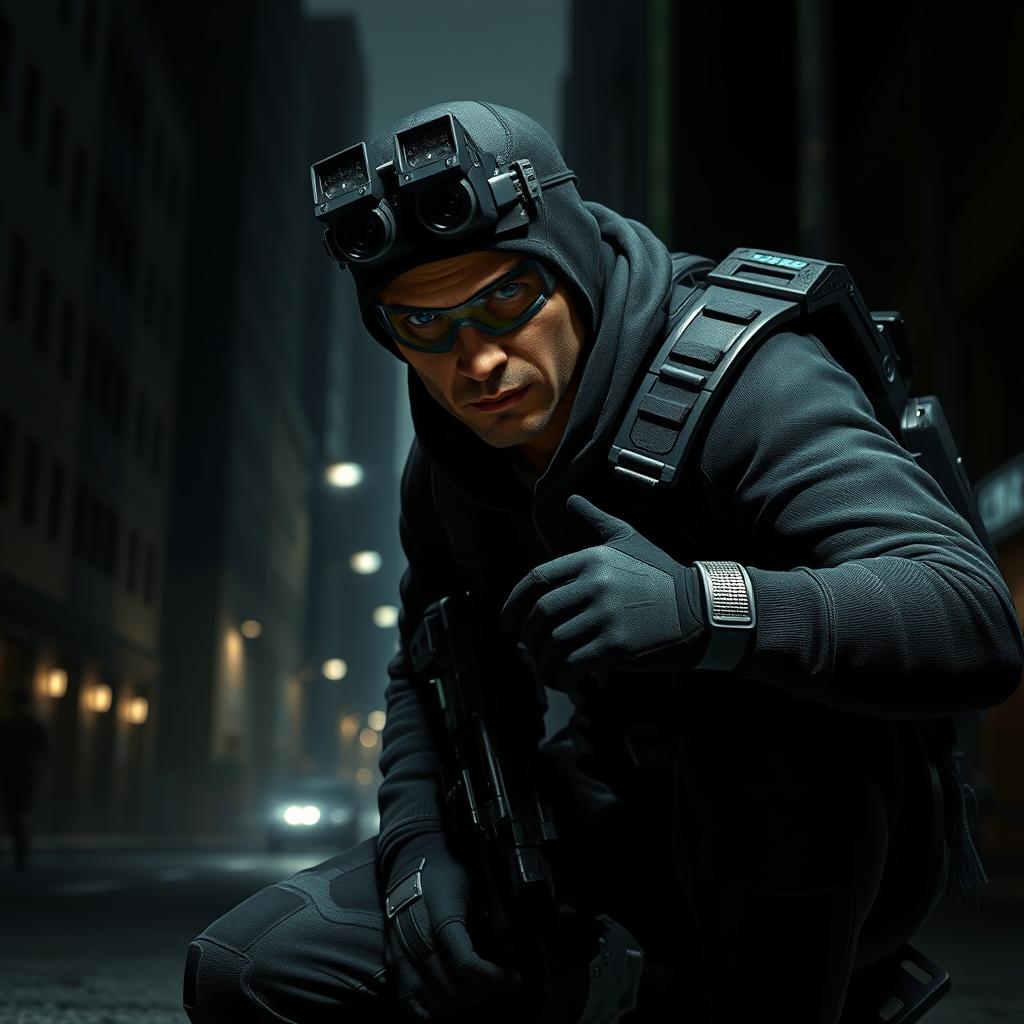 A stealthy operative from the game "Splinter Cell" in an action-packed scene set in a dimly lit urban environment