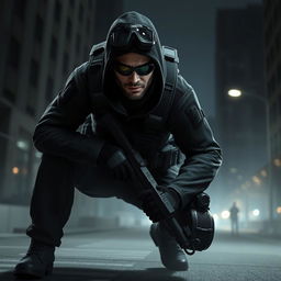 A stealthy operative from the game "Splinter Cell" in an action-packed scene set in a dimly lit urban environment